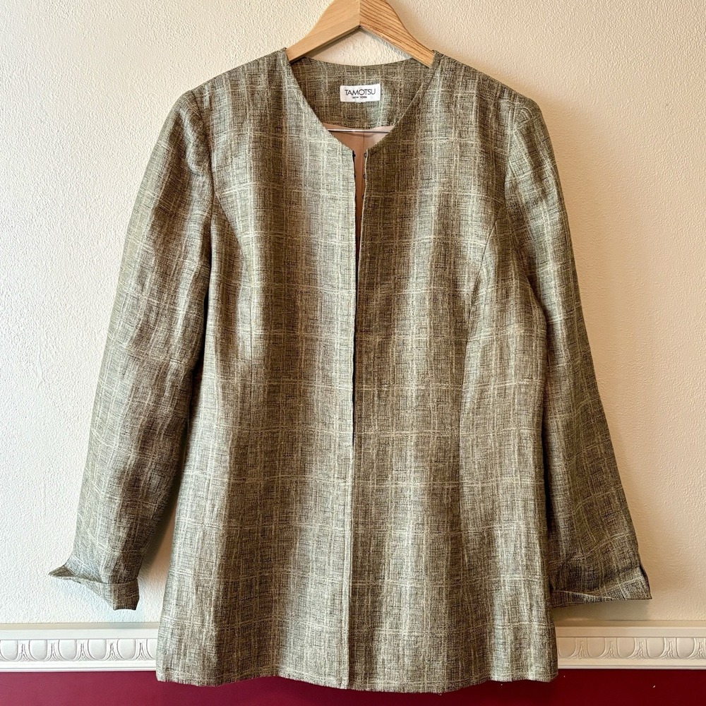 Tamotsu New York Linen Blend Collarless Suit‎ Jacket Blazer Women's L Taupe Sage